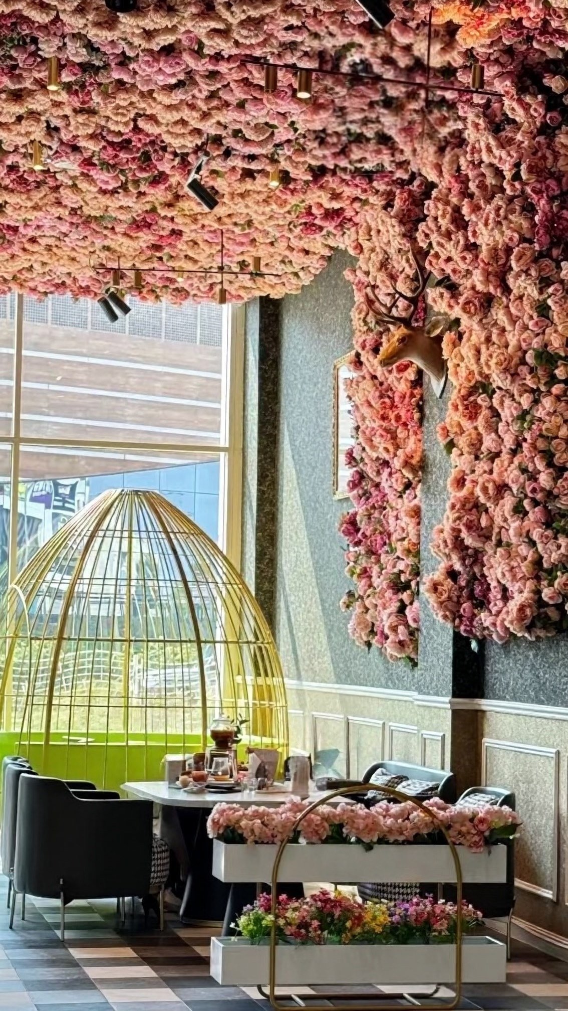 Restaurant ceiling floral installation
