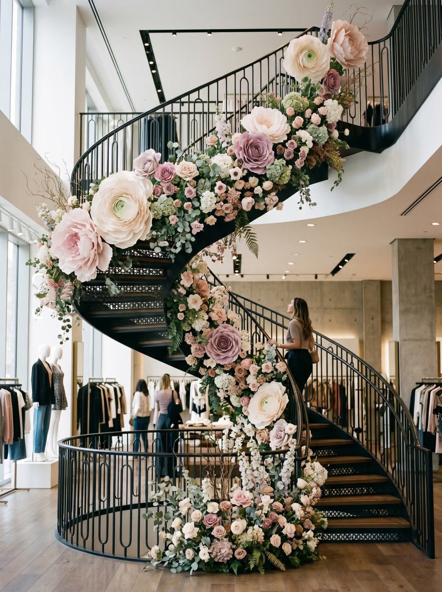 retail store staircase with luxury artificial flower installation