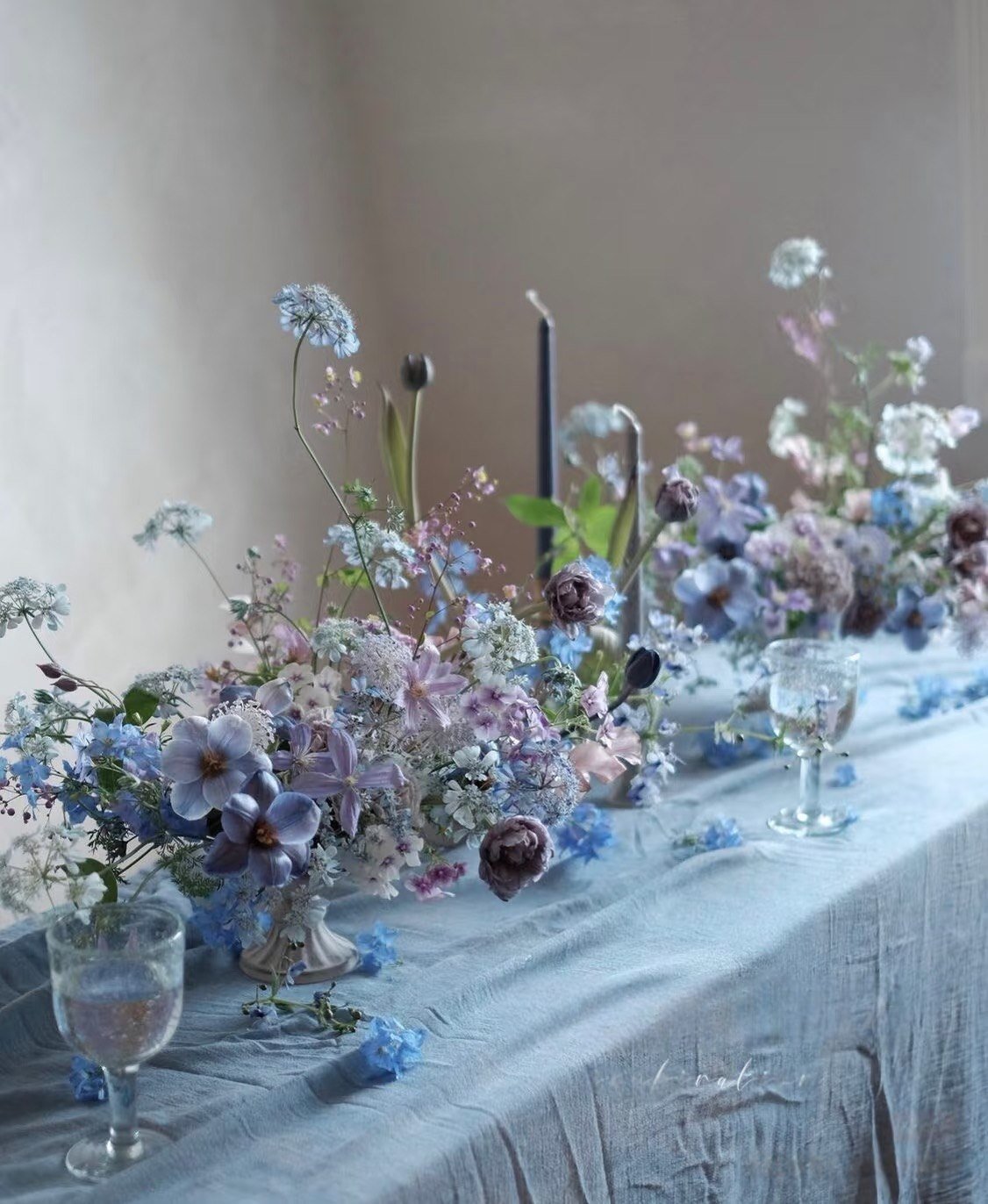 Misty blue table palette artificial floral scene reference