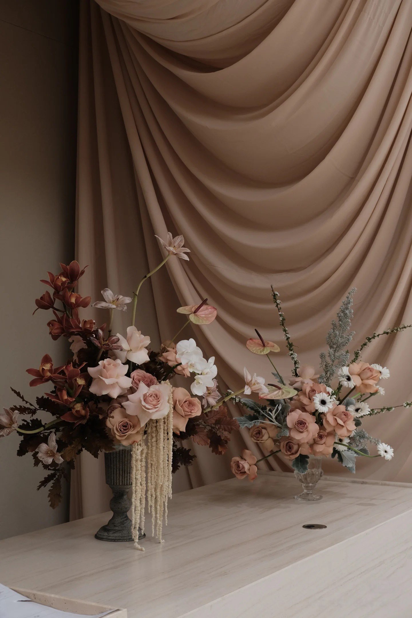 Warm neutral ceremony palette artificial floral scene reference