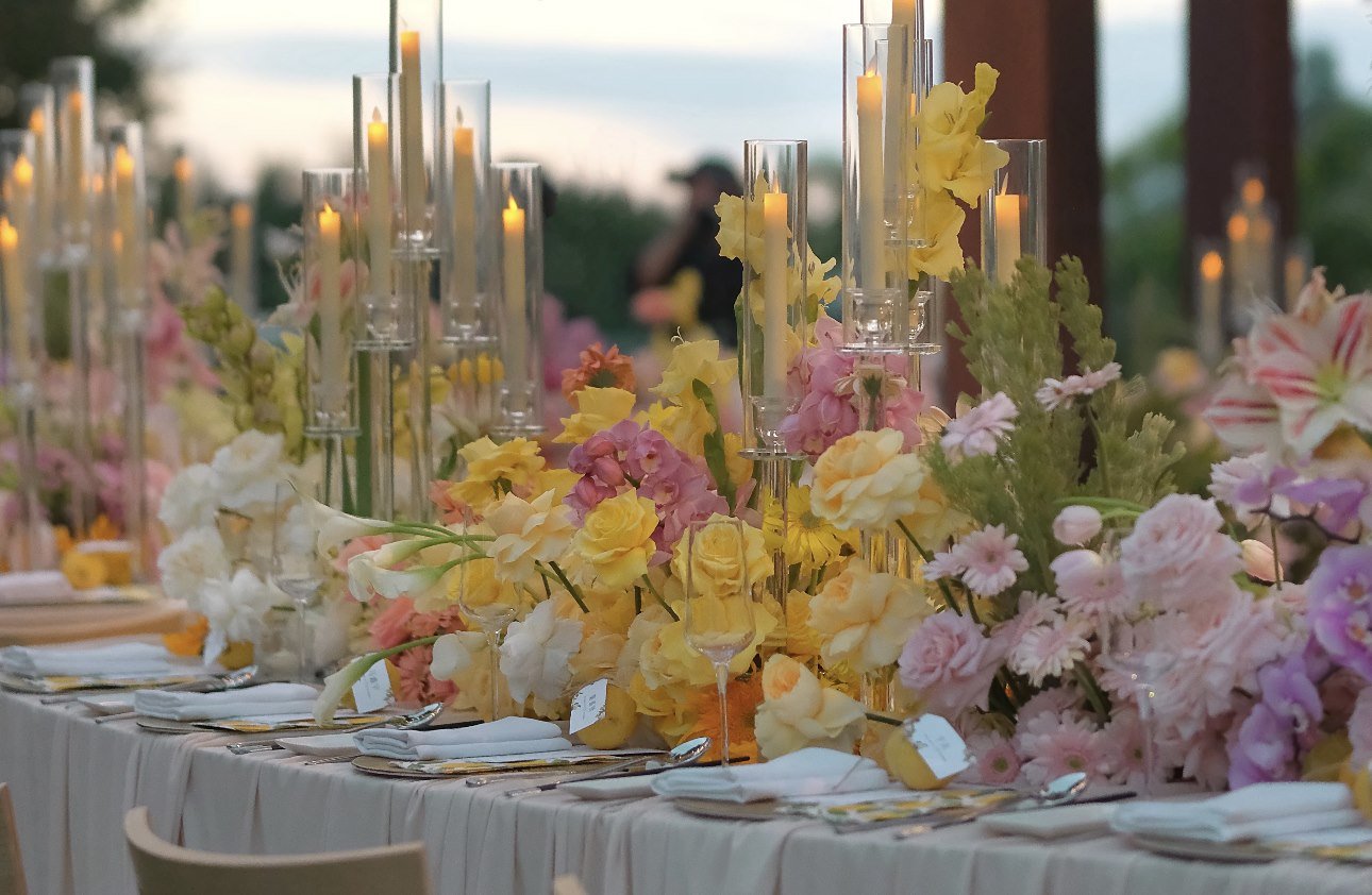 Sunlit banquet palette artificial floral scene reference